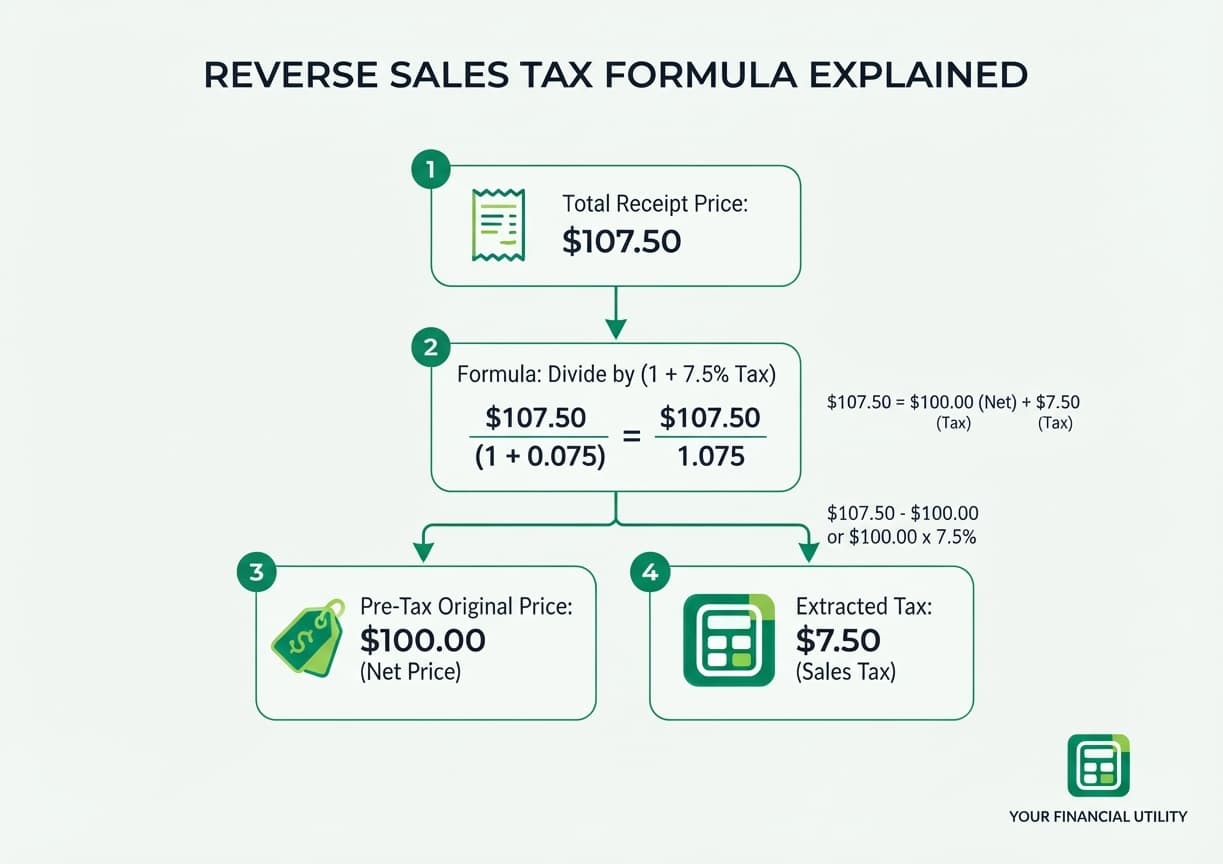 Reverse sales tax formula diagram: Total price divided by one plus tax rate equals original pre-tax price